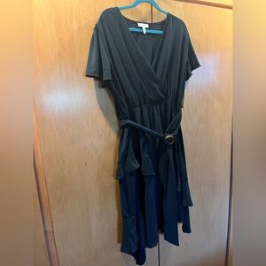 sofia by sofia vergara Black Wrap Midi Dress with Buckle Waist